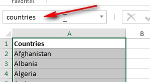 2) In the formula box (above cell A1), enter a name to describe your list, then press enter.  This has now named this range.