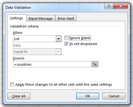 3) Select the cell you want to add this validation to and open the Data Validation window again. Select List from the "Allow" drop down list, and then in the "Source" box, type in = followed by the name of the range you set in the previous step.