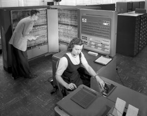 1957: an IBM type 704 electronic data processing machine used for making computations for aeronautical research.  Today's smartphones are more powerful that this!